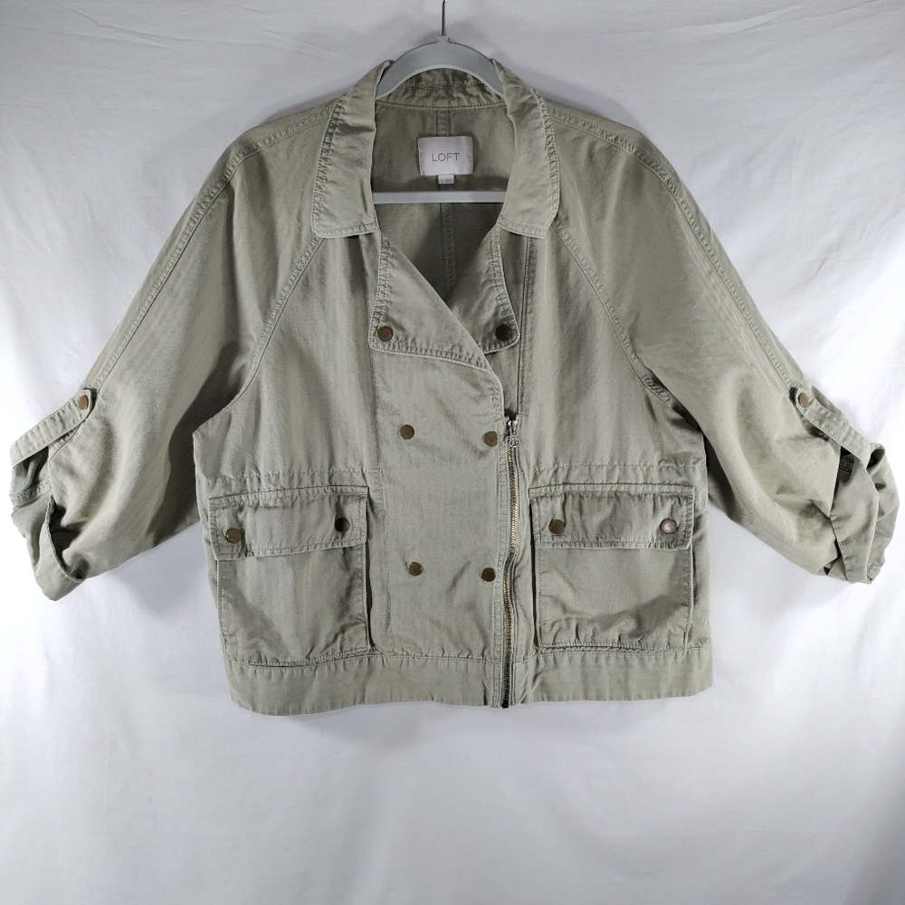 Ann Taylor Loft Jacket Top Womens L Sage Green Linen Blend 3/4 Sleeve Cargo